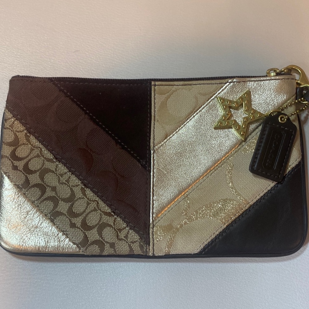 Coach Patchwork Leather Canvas Clutch Wristlet Bag, Gold & Brown